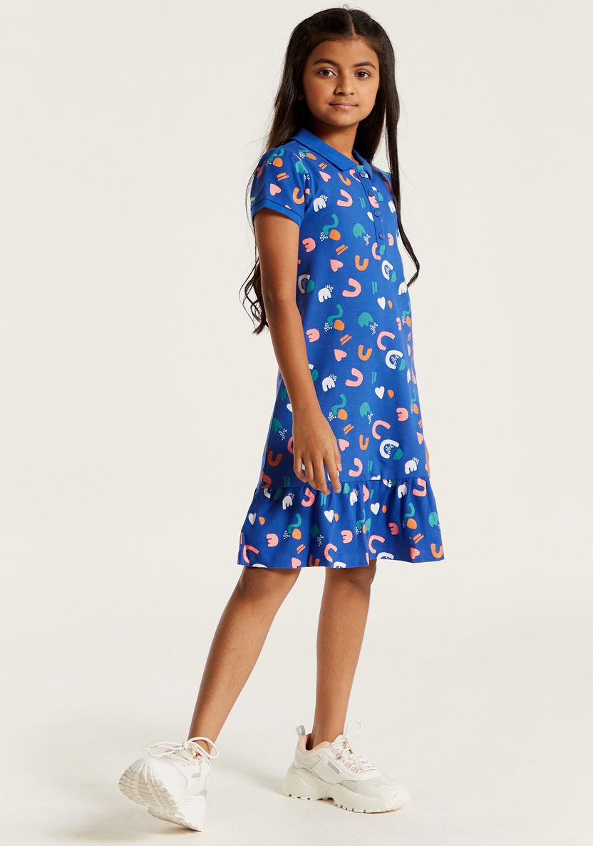Juniors All-Over Print Polo Dress with Short Sleeves and Frill Detail-Dresses%2C Gowns and Frocks-image-1