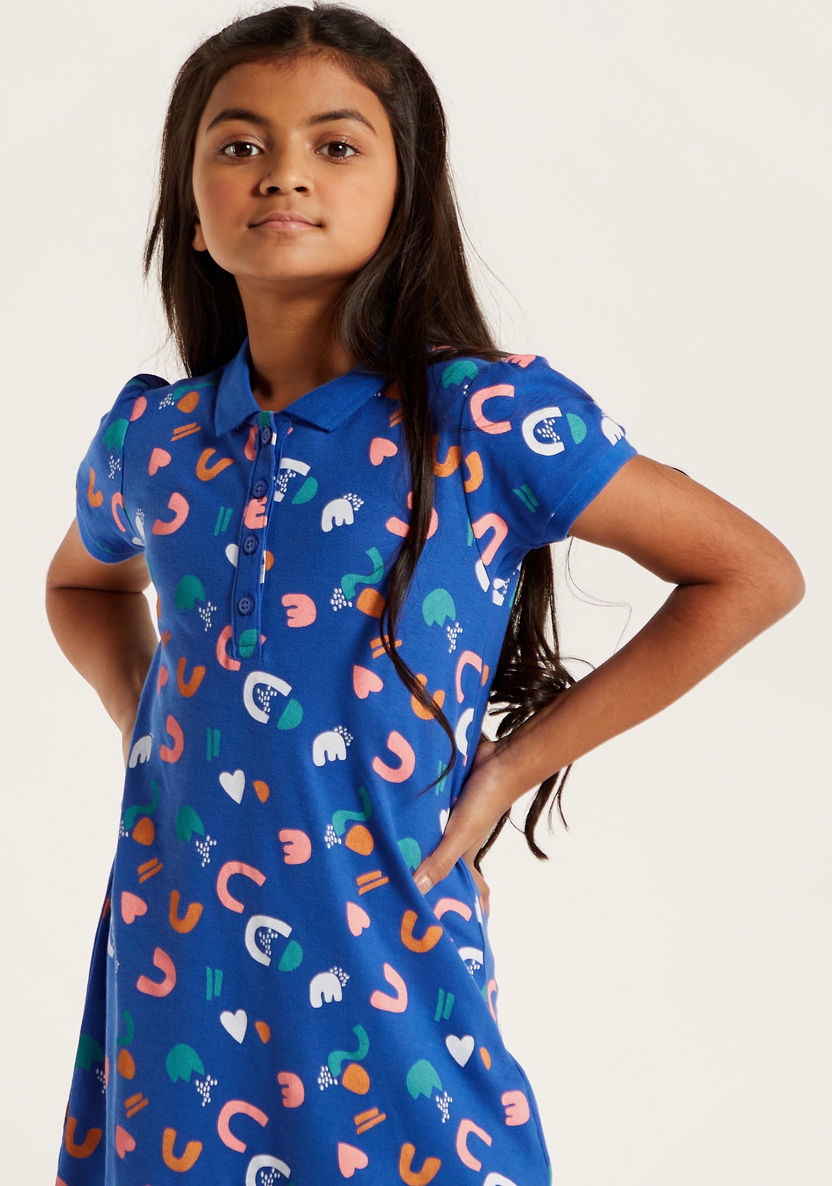 Juniors All-Over Print Polo Dress with Short Sleeves and Frill Detail-Dresses%2C Gowns and Frocks-image-2