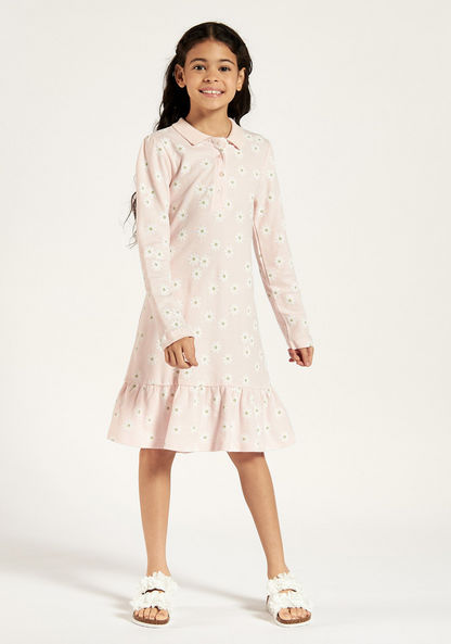Juniors Floral Print Polo Dress with Long Sleeves and Flounce Hem