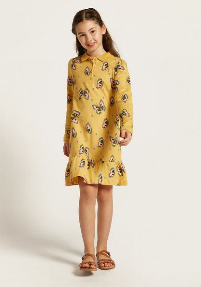 Juniors All Over Print Polo Dress with Long Sleeves