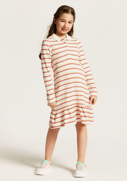 Juniors Striped Polo Dress with Long Sleeves and Flounce Hem-Dresses%2C Gowns and Frocks-image-0