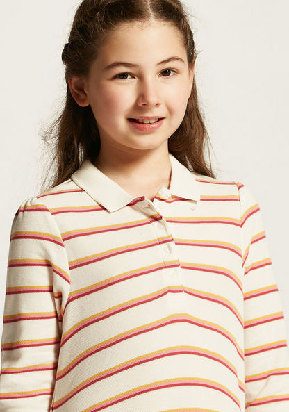 Juniors Striped Polo Dress with Long Sleeves and Flounce Hem-Dresses%2C Gowns and Frocks-image-1