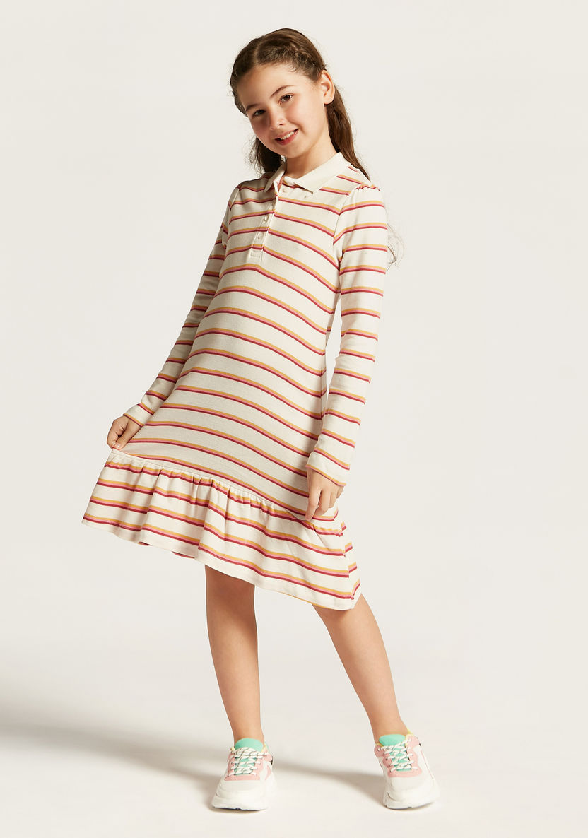 Juniors Striped Polo Dress with Long Sleeves and Flounce Hem-Dresses, Gowns & Frocks-image-2