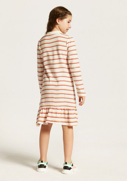Juniors Striped Polo Dress with Long Sleeves and Flounce Hem
