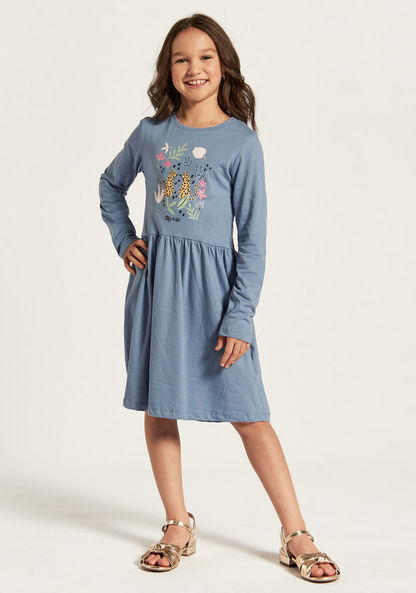Juniors Graphic Print A-line Dress with Long Sleeves and Round Neck