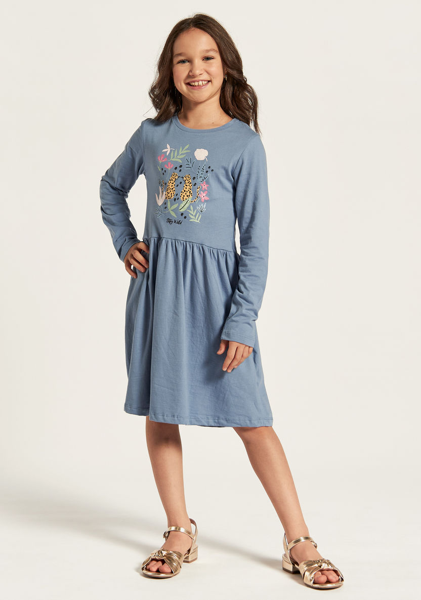 Juniors Graphic Print A-line Dress with Long Sleeves and Round Neck-Dresses, Gowns & Frocks-image-1