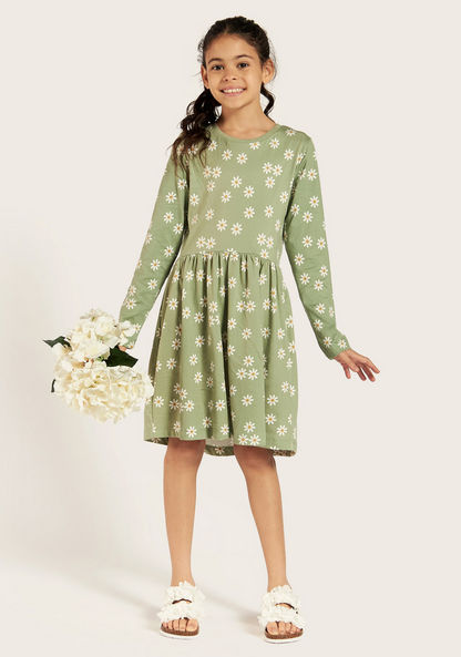 Juniors Floral Print Dress with Round Neck and Long Sleeves