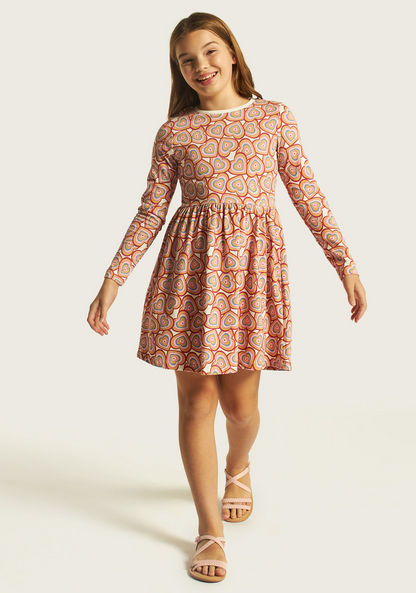 Juniors All Over Print A-line Dress with Long Sleeves