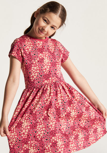 Juniors All Over Print A-line Dress with Round Neck and Short Sleeves
