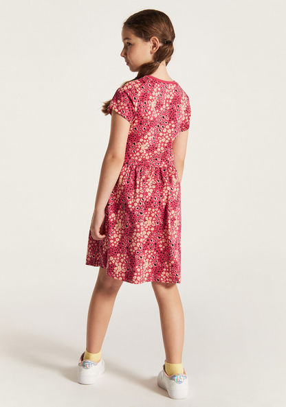 Juniors All Over Print A-line Dress with Round Neck and Short Sleeves