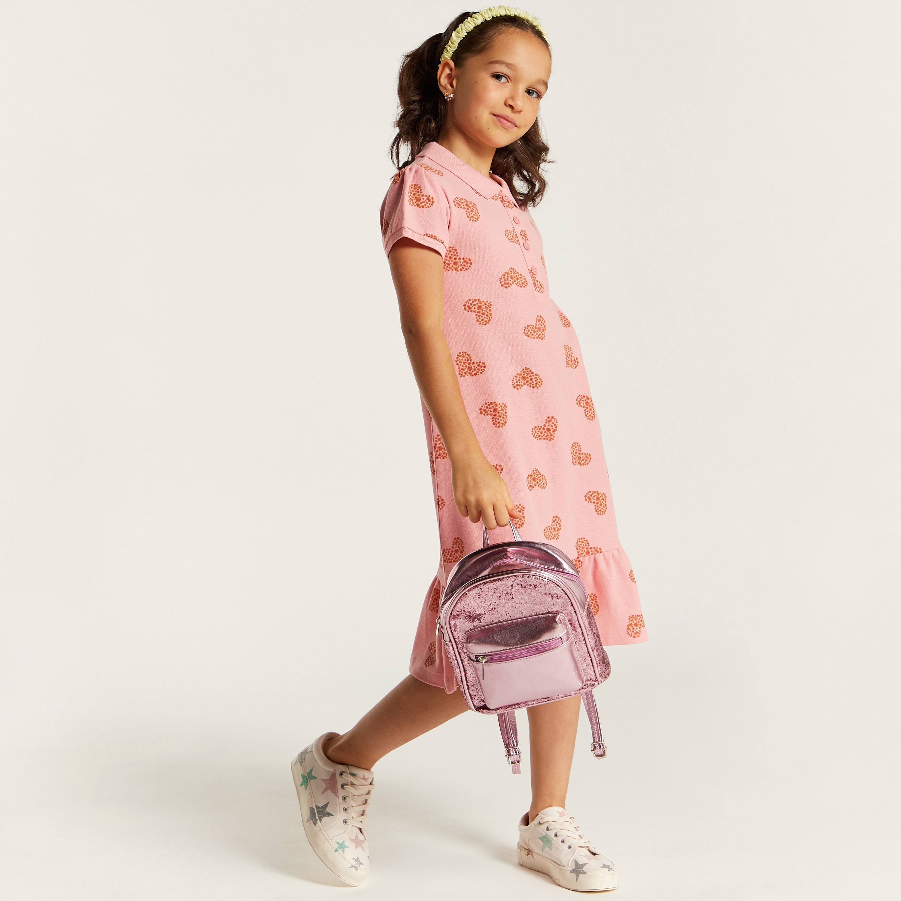 Juniors Heart Print Polo Dress with Short Sleeves and Flounce Hem-girls-clothing-dressesandjumpsuits-image-1