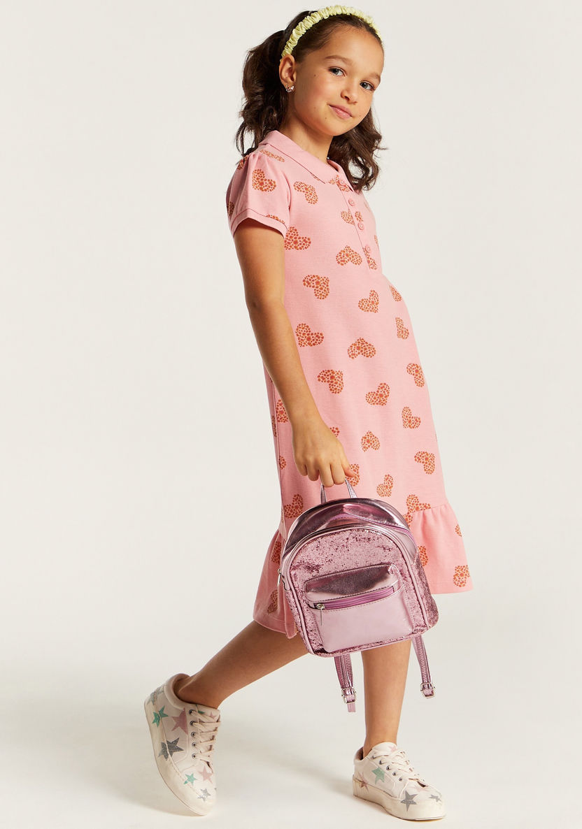 Juniors Heart Print Polo Dress with Short Sleeves and Flounce Hem-Dresses, Gowns & Frocks-image-0