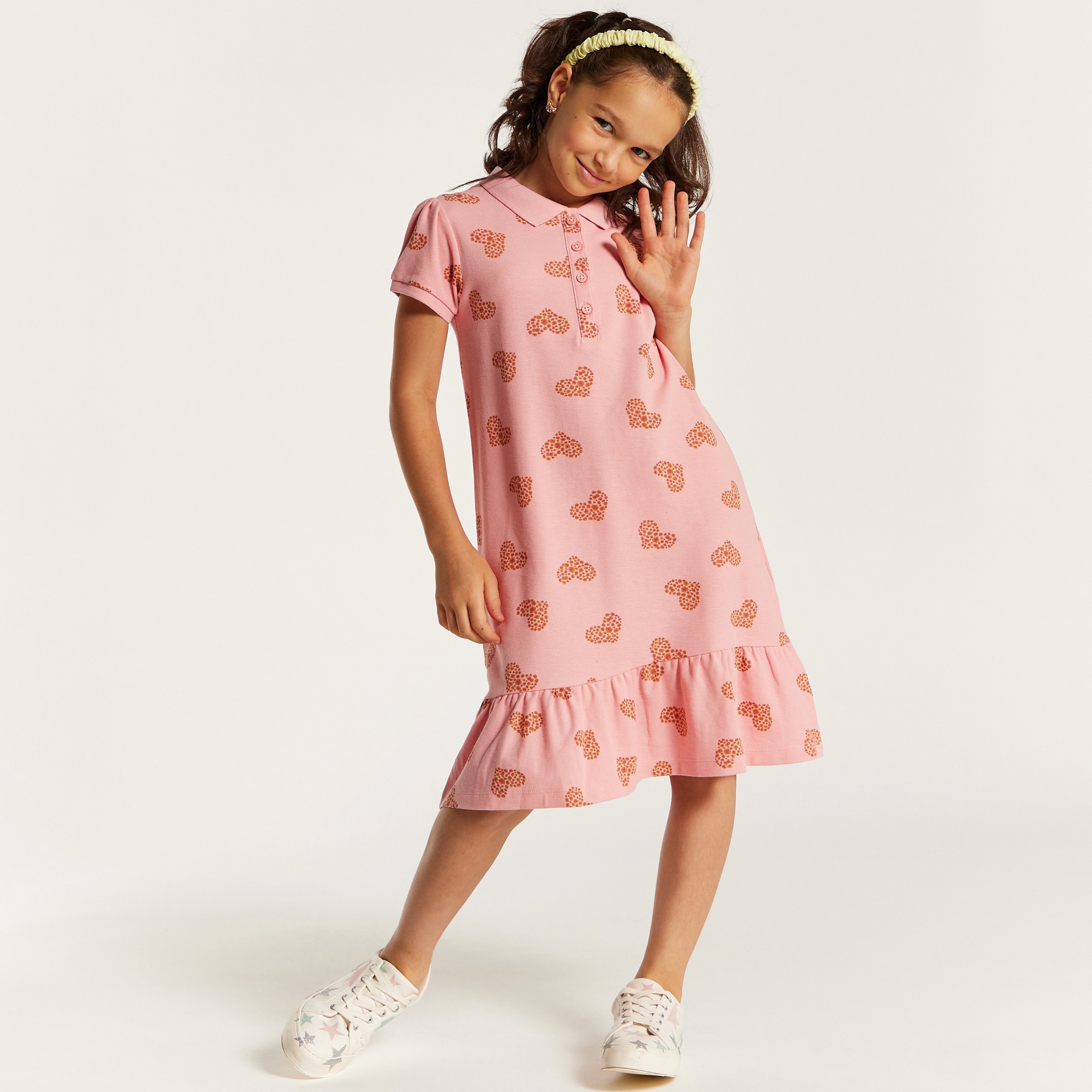 Juniors Heart Print Polo Dress with Short Sleeves and Flounce Hem-girls-clothing-dressesandjumpsuits-image-2