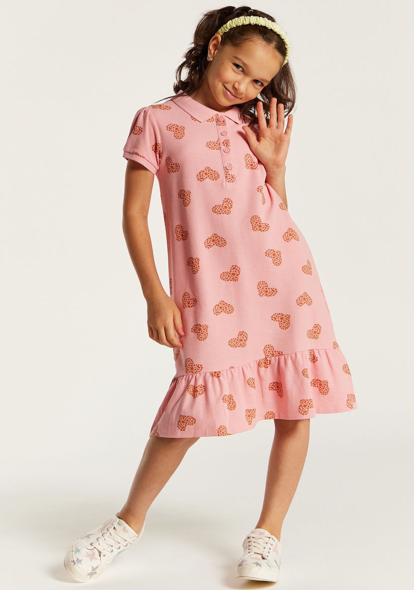 Juniors Heart Print Polo Dress with Short Sleeves and Flounce Hem-Dresses, Gowns & Frocks-image-1