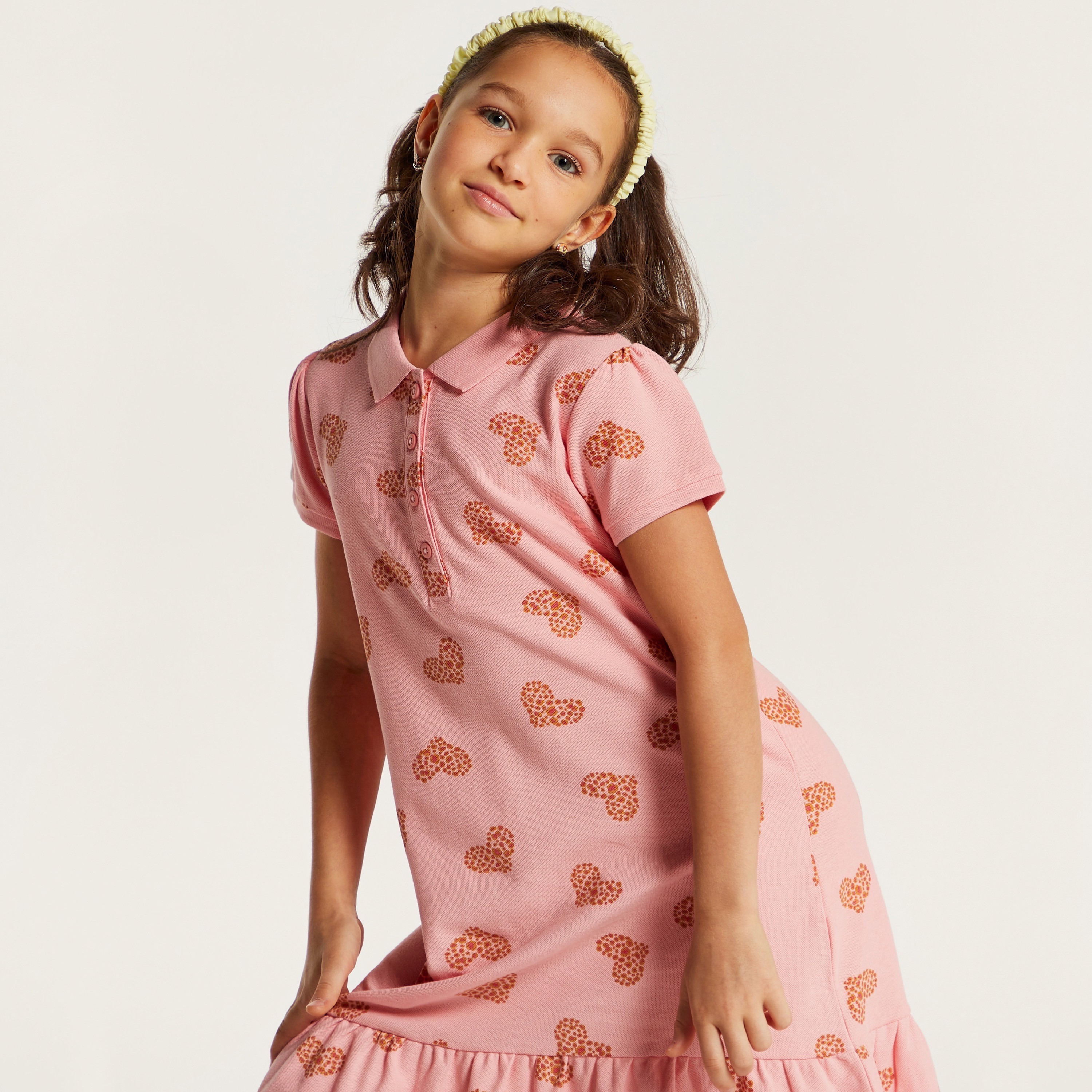 Juniors Heart Print Polo Dress with Short Sleeves and Flounce Hem-girls-clothing-dressesandjumpsuits-image-3