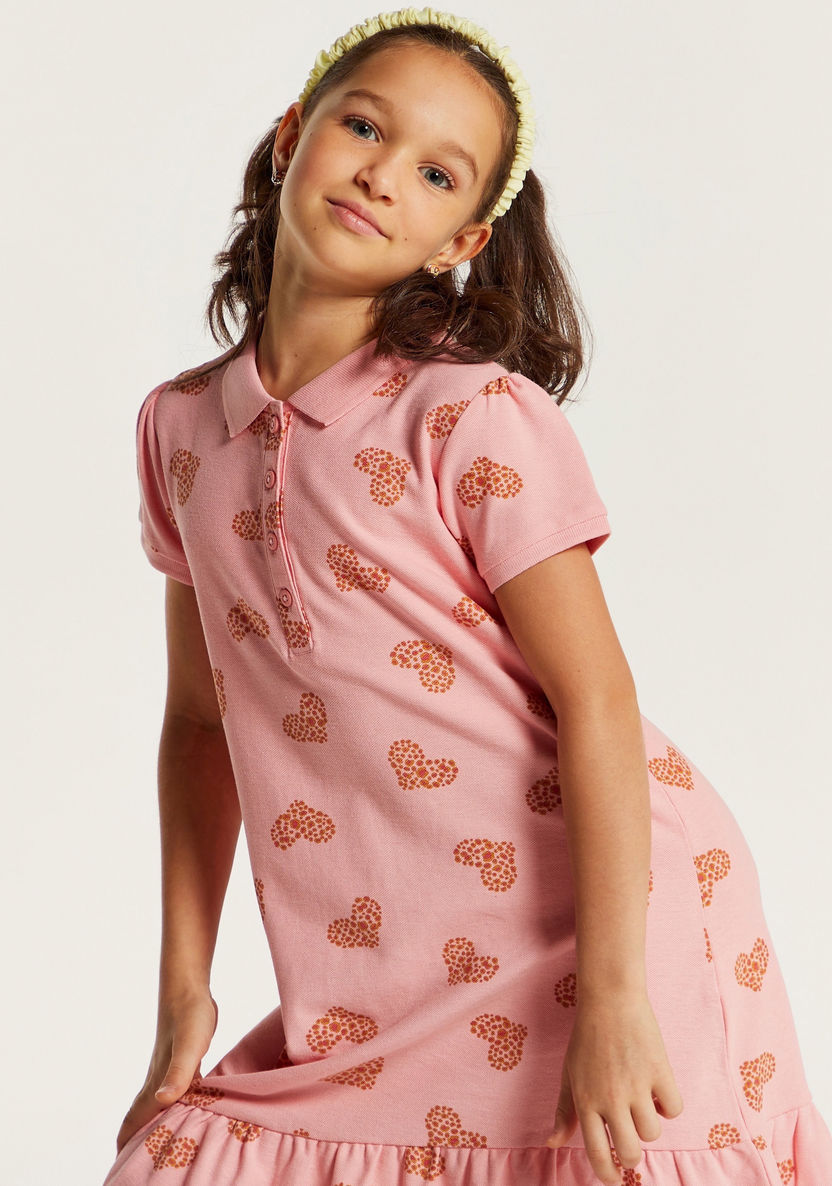 Juniors Heart Print Polo Dress with Short Sleeves and Flounce Hem-Dresses, Gowns & Frocks-image-2