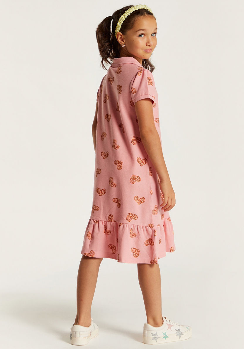 Juniors Heart Print Polo Dress with Short Sleeves and Flounce Hem-Dresses, Gowns & Frocks-image-3