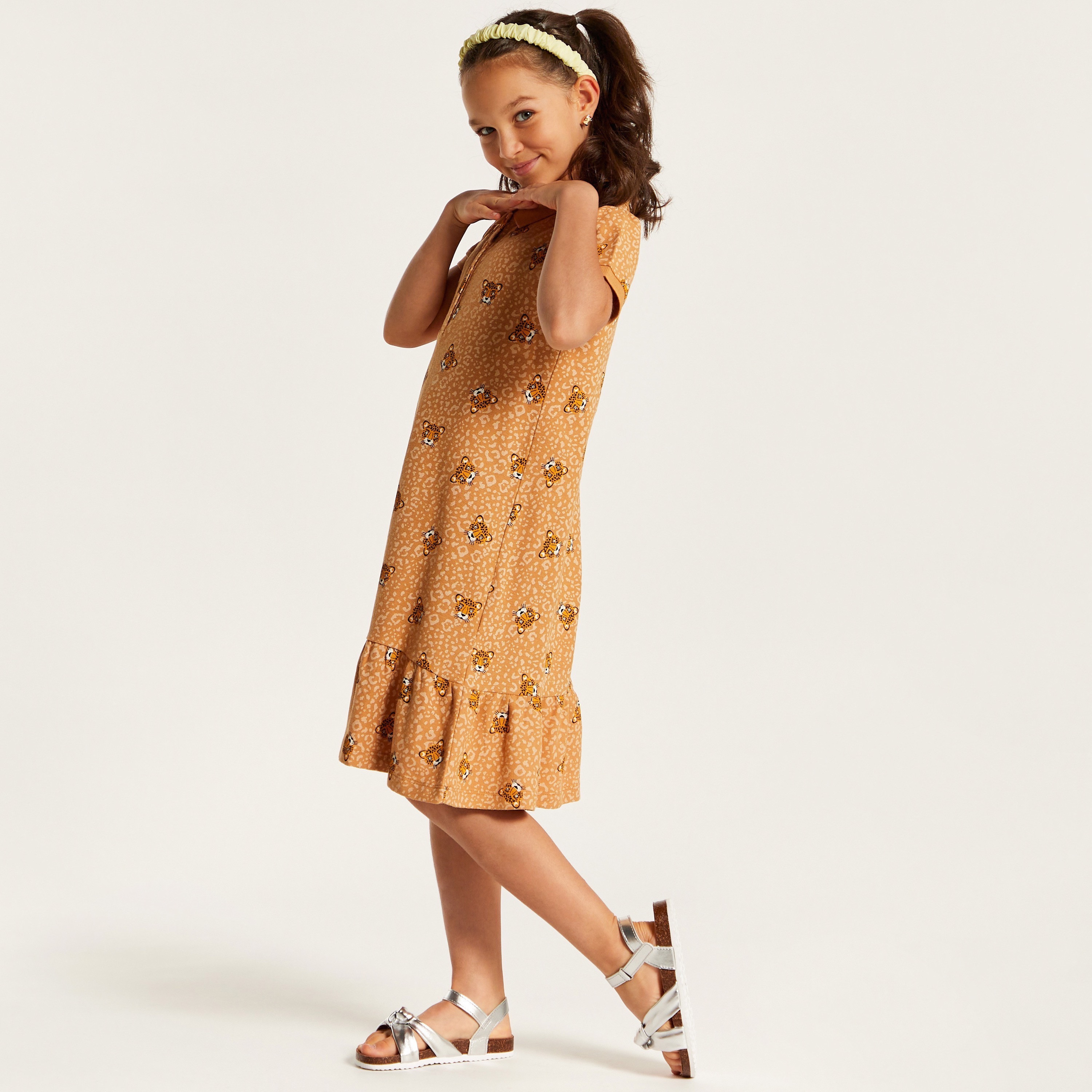 Juniors Printed Polo Dress with Short Sleeves and Flounce Hem-girls-clothing-dressesandjumpsuits-image-1