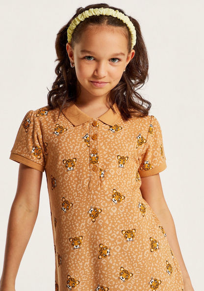 Juniors Printed Polo Dress with Short Sleeves and Flounce Hem
