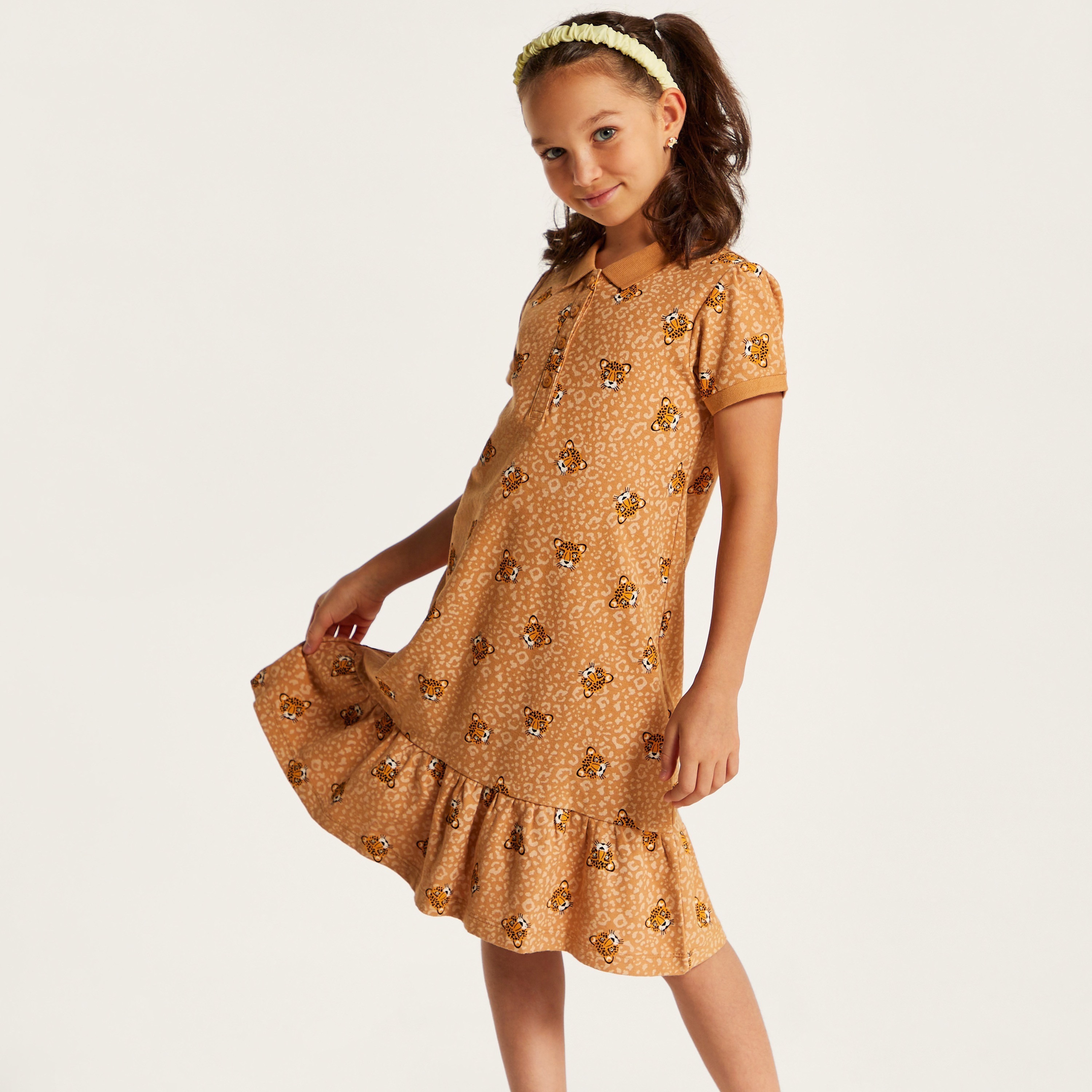 Juniors Printed Polo Dress with Short Sleeves and Flounce Hem-girls-clothing-dressesandjumpsuits-image-3
