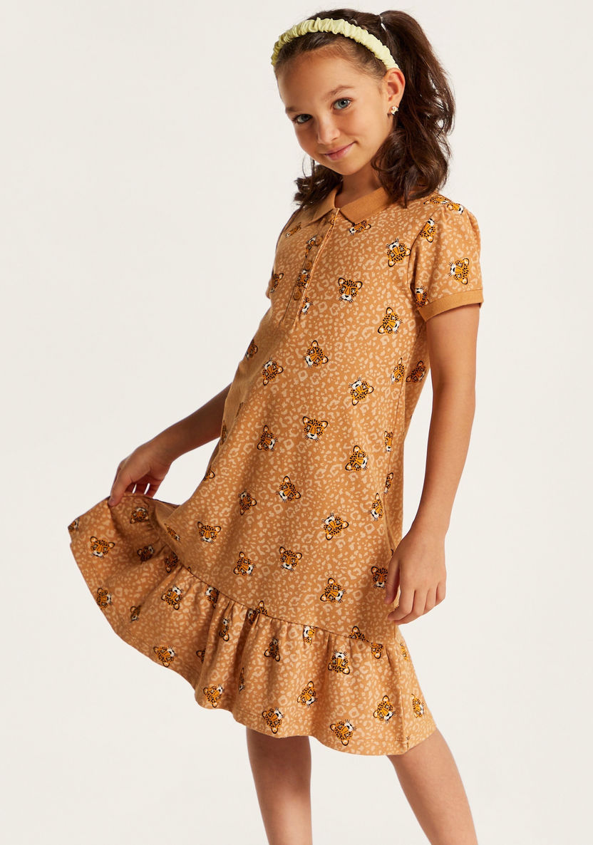 Juniors Printed Polo Dress with Short Sleeves and Flounce Hem-Dresses, Gowns & Frocks-image-2