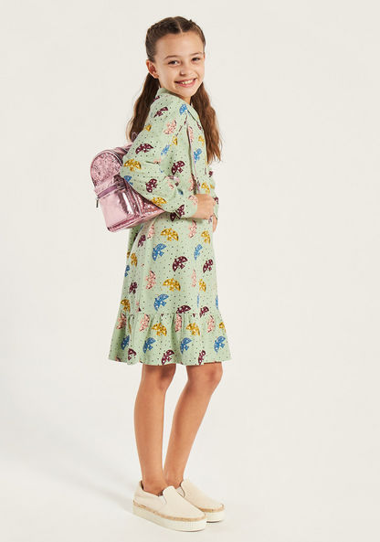 Juniors Printed Long Sleeves Dress with Drop Waist and Collar-Dresses%2C Gowns and Frocks-image-1