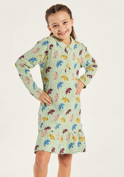 Juniors Printed Long Sleeves Dress with Drop Waist and Collar-Dresses%2C Gowns and Frocks-image-2