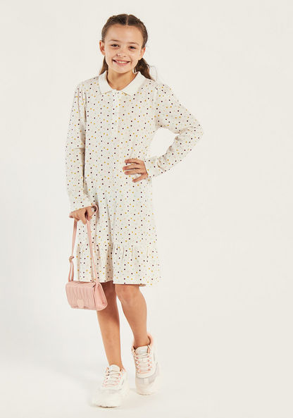 Juniors Polka Dot Print Long Sleeves Dress with Drop Waist and Collar-Dresses%2C Gowns and Frocks-image-0