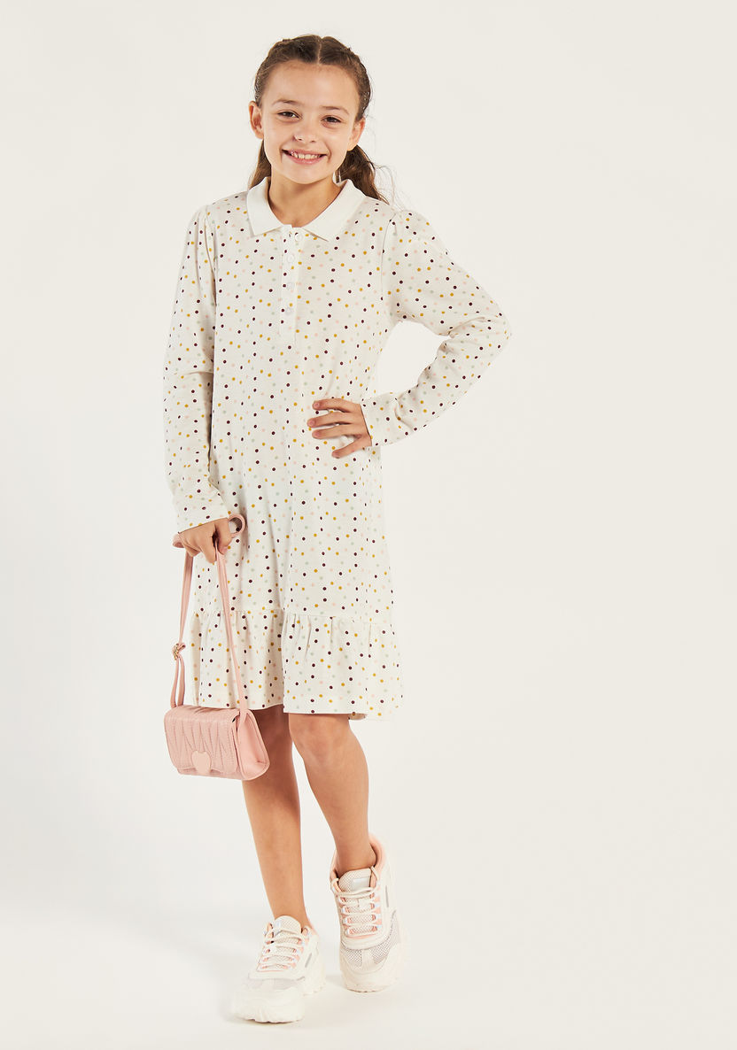Juniors Polka Dot Print Long Sleeves Dress with Drop Waist and Collar-Dresses, Gowns & Frocks-image-0