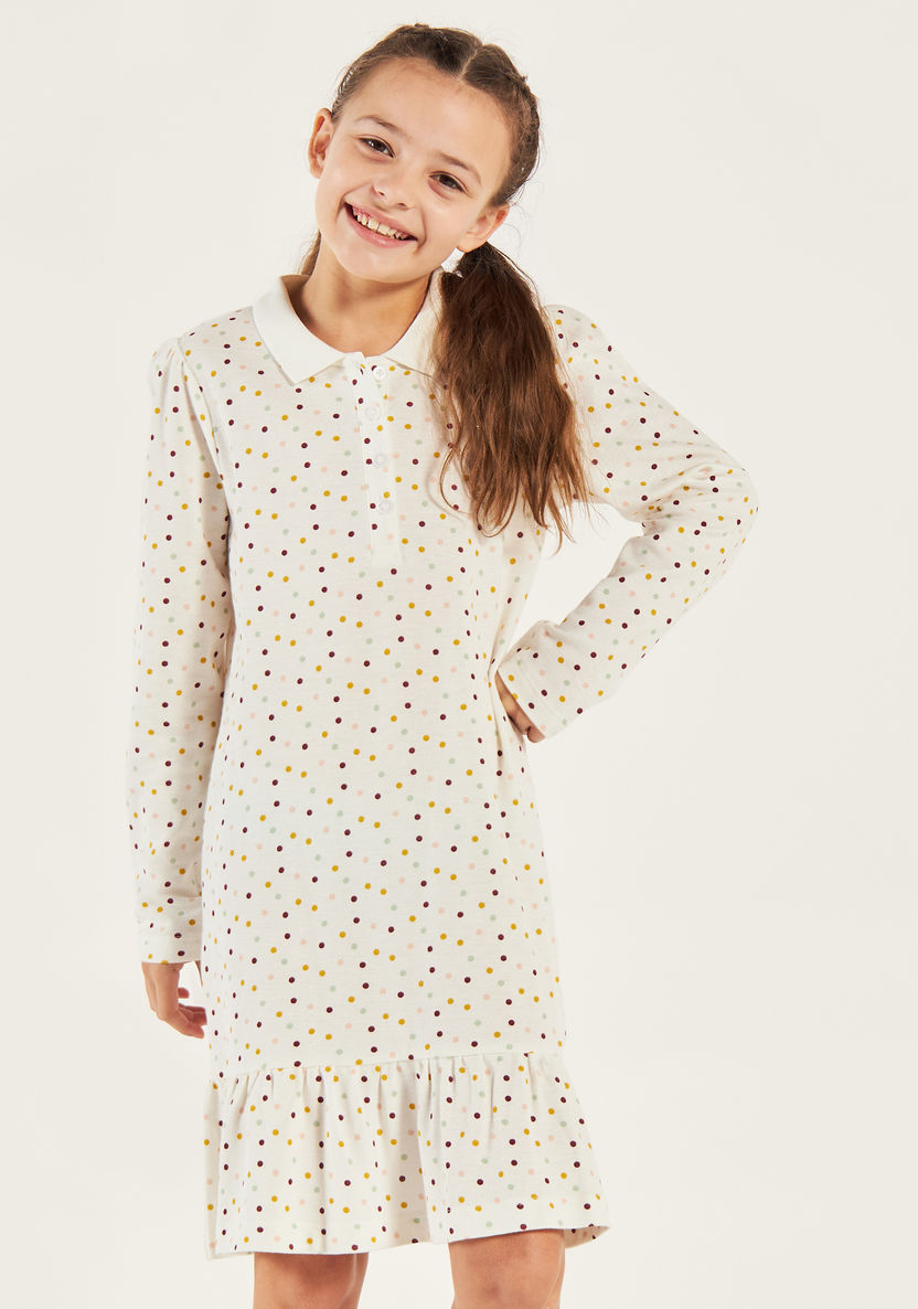 Juniors Polka Dot Print Long Sleeves Dress with Drop Waist and Collar-Dresses, Gowns & Frocks-image-1