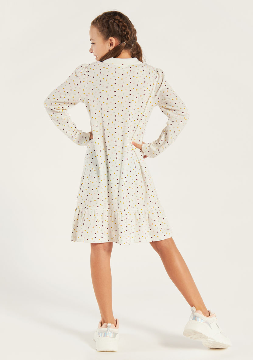 Juniors Polka Dot Print Long Sleeves Dress with Drop Waist and Collar-Dresses, Gowns & Frocks-image-3