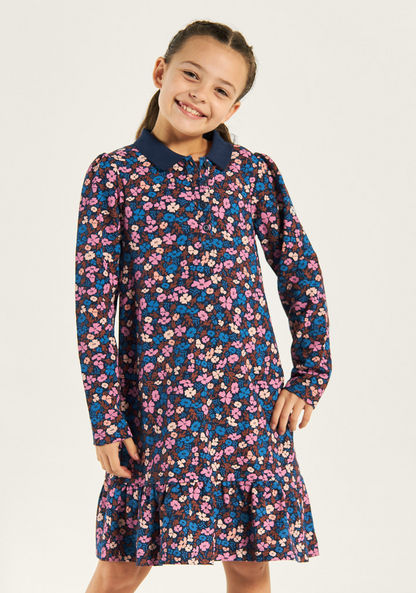 Juniors Floral Print Polo Dress with Long Sleeves and Drop Waist-Dresses%2C Gowns and Frocks-image-1