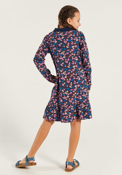Juniors Floral Print Polo Dress with Long Sleeves and Drop Waist-Dresses%2C Gowns and Frocks-image-3