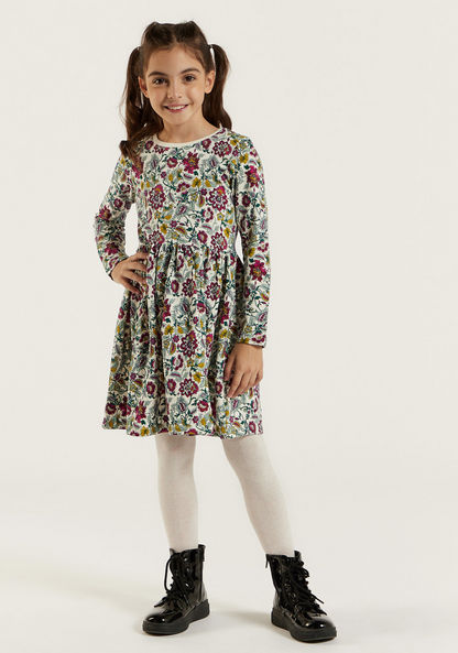 Juniors Floral Print A-line Dress with Long Sleeves and Round Neck-Dresses%2C Gowns and Frocks-image-0