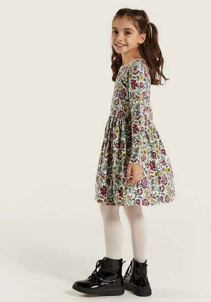 Juniors Floral Print A-line Dress with Long Sleeves and Round Neck-Dresses%2C Gowns and Frocks-image-1