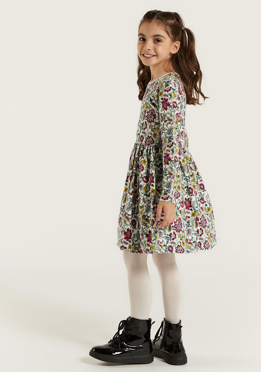Juniors Floral Print A-line Dress with Long Sleeves and Round Neck-Dresses, Gowns & Frocks-image-1