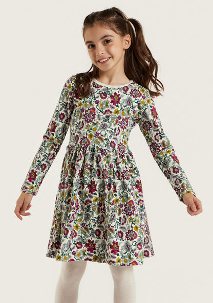 Juniors Floral Print A-line Dress with Long Sleeves and Round Neck-Dresses%2C Gowns and Frocks-image-2