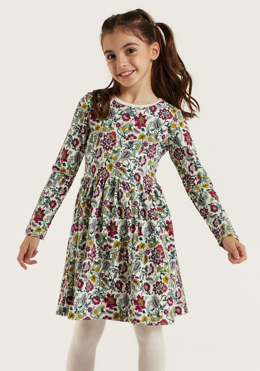 Juniors Floral Print A-line Dress with Long Sleeves and Round Neck-Dresses, Gowns & Frocks-image-2