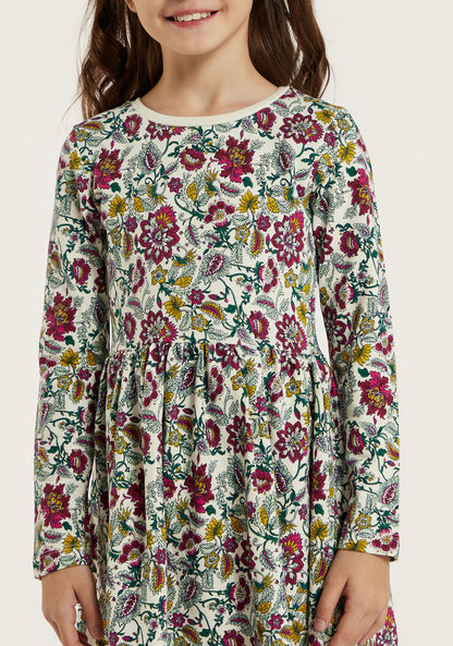 Juniors Floral Print A-line Dress with Long Sleeves and Round Neck-Dresses%2C Gowns and Frocks-image-3