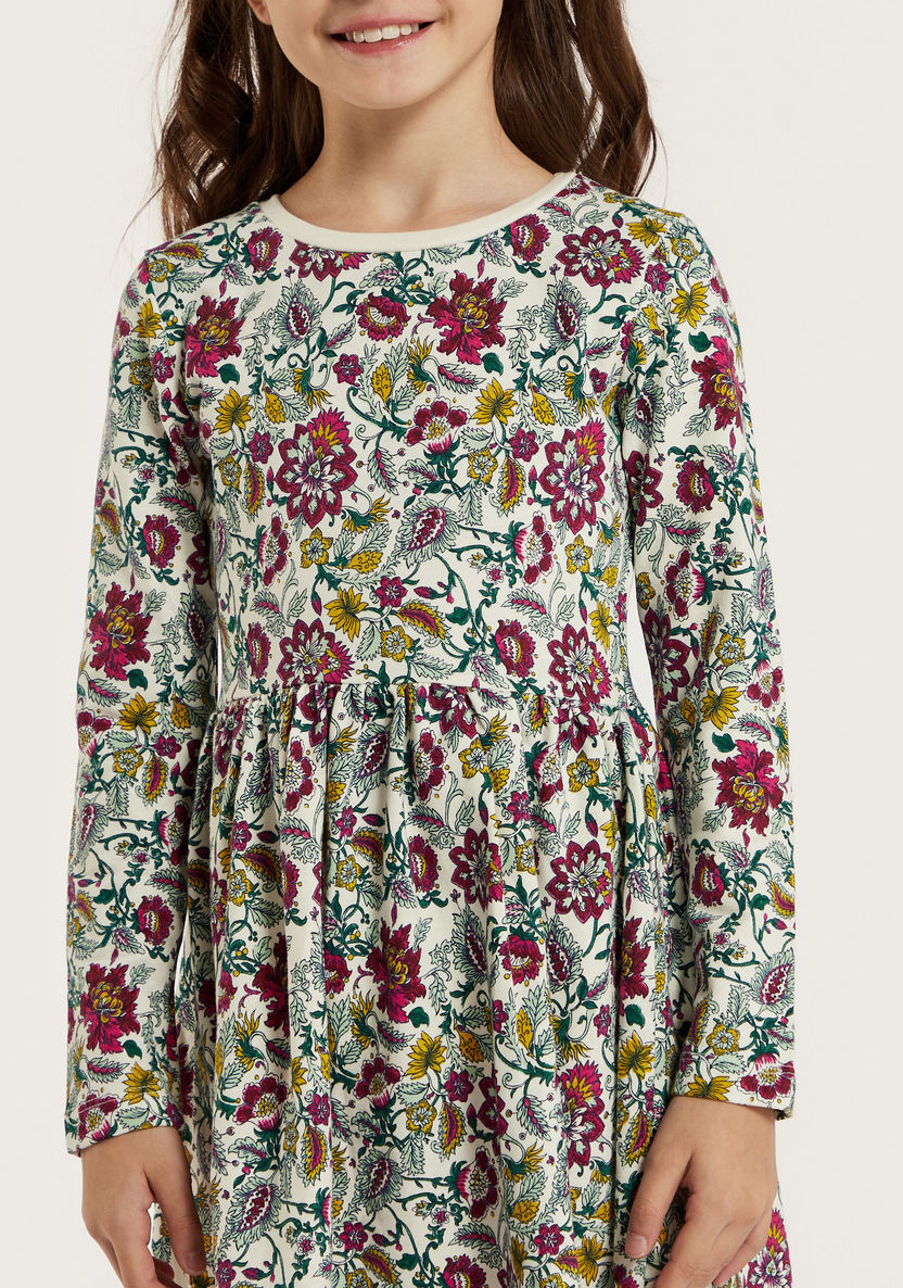 Juniors Floral Print A-line Dress with Long Sleeves and Round Neck-Dresses, Gowns & Frocks-image-3