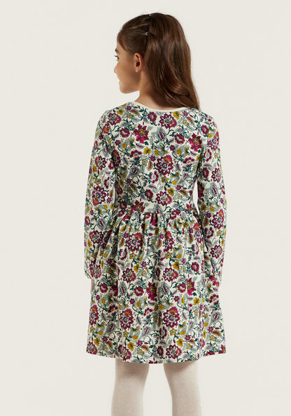 Juniors Floral Print A-line Dress with Long Sleeves and Round Neck-Dresses%2C Gowns and Frocks-image-4