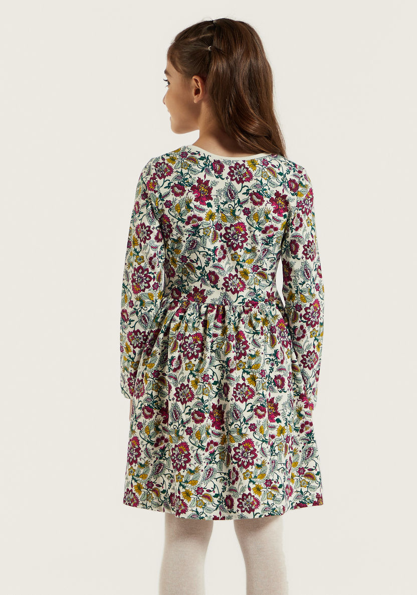 Juniors Floral Print A-line Dress with Long Sleeves and Round Neck-Dresses, Gowns & Frocks-image-4
