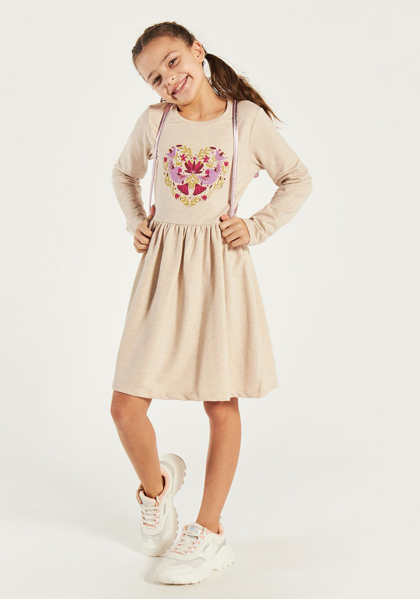 Juniors Printed Long Sleeve Dress with Round Neck-Dresses%2C Gowns and Frocks-image-0