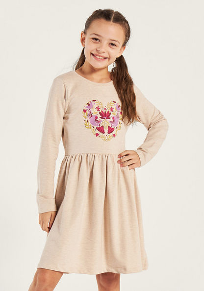 Juniors Printed Long Sleeve Dress with Round Neck-Dresses%2C Gowns and Frocks-image-1