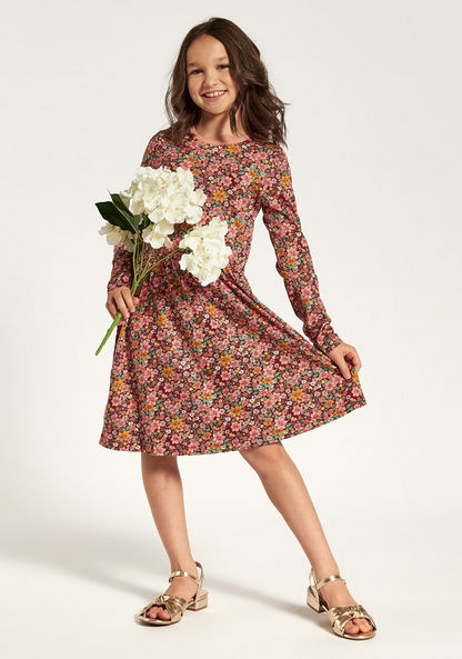 Juniors Floral Print Dress with Round Neck and Long Sleeves-Dresses%2C Gowns and Frocks-image-0