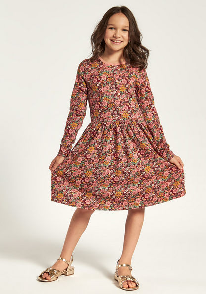 Juniors Floral Print Dress with Round Neck and Long Sleeves-Dresses%2C Gowns and Frocks-image-1