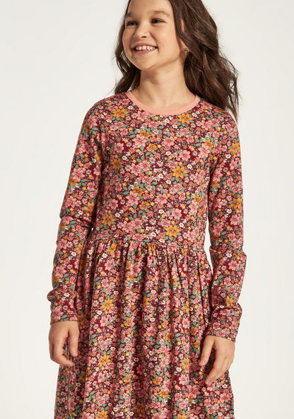 Juniors Floral Print Dress with Round Neck and Long Sleeves-Dresses%2C Gowns and Frocks-image-2