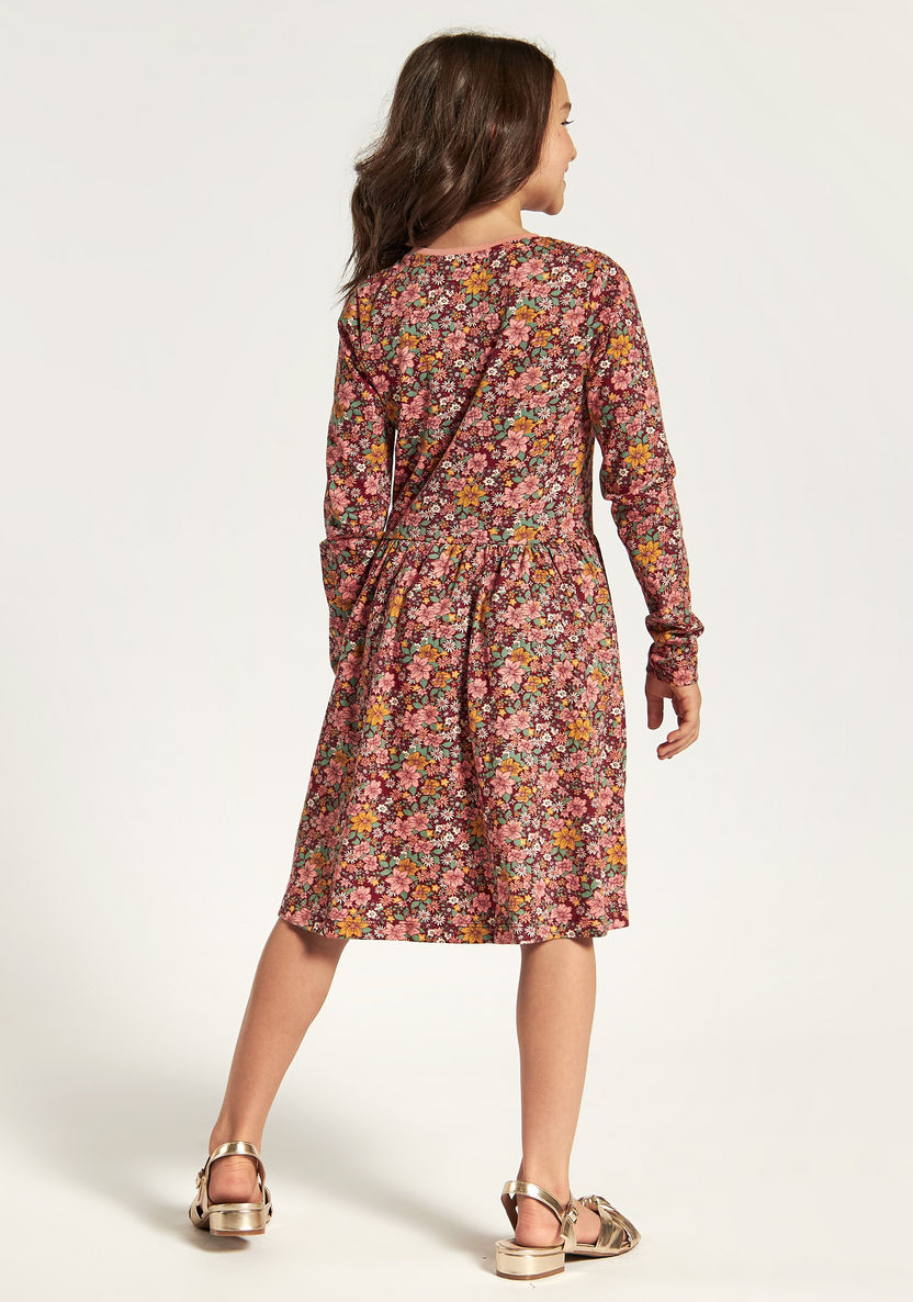 Juniors Floral Print Dress with Round Neck and Long Sleeves-Dresses, Gowns & Frocks-image-3