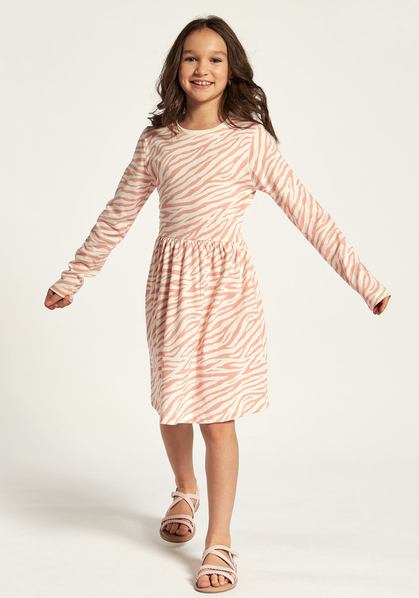 Juniors Printed A-line Dress with Long Sleeves and Round Neck-Dresses, Gowns & Frocks-image-1