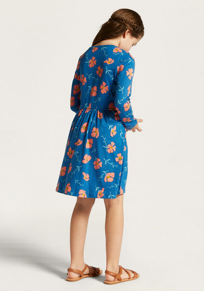 Juniors Floral Print Dress with Round Neck and Long Sleeves-Dresses%2C Gowns and Frocks-image-3